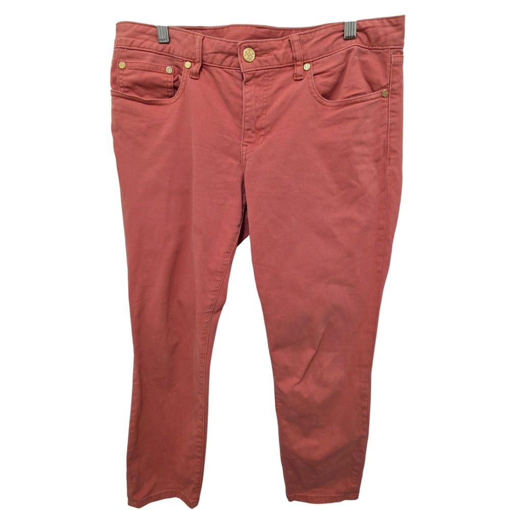 TORY BURCH Women's Coral Pink Straight Leg Jeans Gold Logo Hardware Size 30